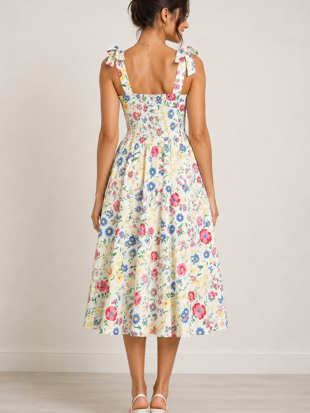Kate Spade Garden Bouquet Fit & Flare Floral Midi Dress Size 4 Bow Strap KC378 - Picture 2 of 7